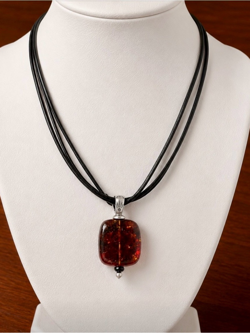 Silpada Baltic Amber Pendant Necklace. Leather and Sterling Silver.